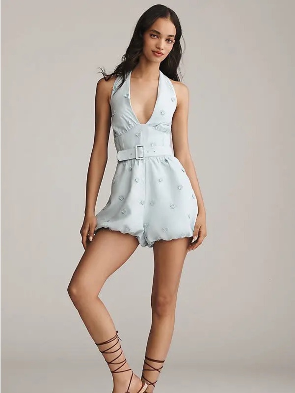 Anthropologie Linen Blend Bubble Light Blue Embroidered Halter Romper with Belt - Picture 1 of 5